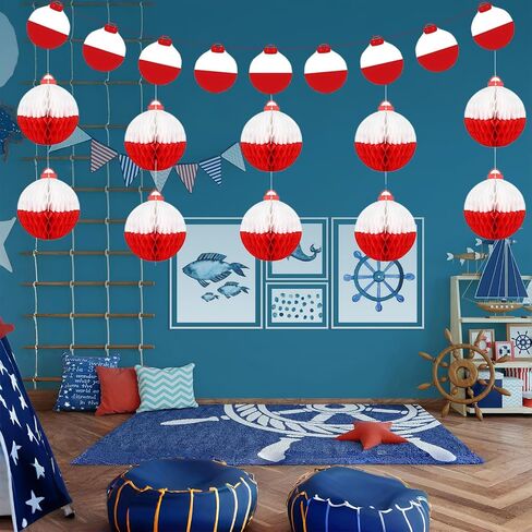 11 Pcs Bobber Decorations Gone Fishing Honeycomb Ball Centerpieces with Bobber Banner Hanging Ceiling Honeycomb Paper Table Centerpiece for Fishing Party Decorations, Beach Birthday Party and so on in Saudi Arabia