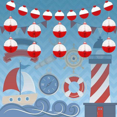 11 Pcs Bobber Decorations Gone Fishing Honeycomb Ball Centerpieces with Bobber Banner Hanging Ceiling Honeycomb Paper Table Centerpiece for Fishing Party Decorations, Beach Birthday Party and so on in Saudi Arabia