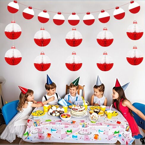 11 Pcs Bobber Decorations Gone Fishing Honeycomb Ball Centerpieces with Bobber Banner Hanging Ceiling Honeycomb Paper Table Centerpiece for Fishing Party Decorations, Beach Birthday Party and so on in Saudi Arabia