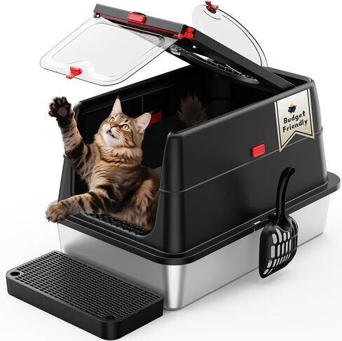 Stainless Steel Litter Box with Lid, SUS304 Metal Cat Litter Box, Enclosed Extra Large Kitty Litter Box High Wall, Jumbo Cat Litter Box with Triple Pedal, Non-Sticky, Anti-Leakage (XXL White) in Kuwait