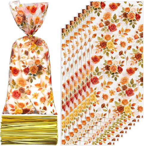 fysuimu 100pcs خريف الزفاف الأزهار السيلوفان علاج الأكياس الرجعية زهرة البلاستيك Goodie حلوى أكياس الهدايا مع ربطات الذهب تويست لدش الخريف طفل الزفاف in Saudi Arabia