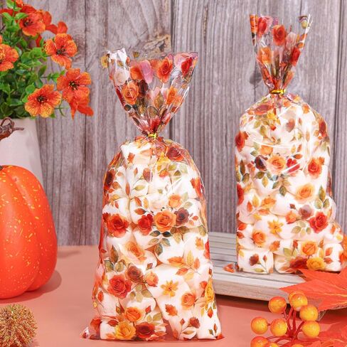 fysuimu 100pcs خريف الزفاف الأزهار السيلوفان علاج الأكياس الرجعية زهرة البلاستيك Goodie حلوى أكياس الهدايا مع ربطات الذهب تويست لدش الخريف طفل الزفاف in Saudi Arabia