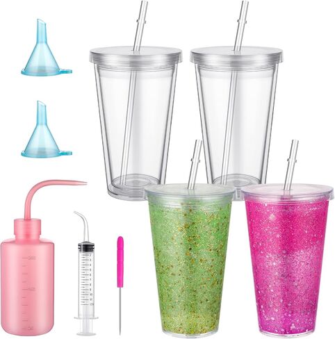 Teenyyou 9 Pcs Snow Globe Tumbler Supplies Plastic Snow Globe Cup with Squeeze Bottle Small Funnel Bent Syringe for Glitter Making DIY Craft Gift (12 oz) in Saudi Arabia