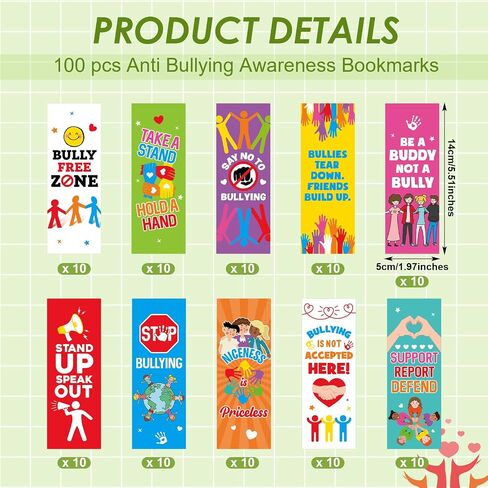 Epakh 100pcs Anti Bullying Bookmark for Classroom, 5.51 x 1.97 Inch Assorted Quality Reading Bookmarks for Kids, Anti-Bullying Awareness for Schools, Events in Saudi Arabia