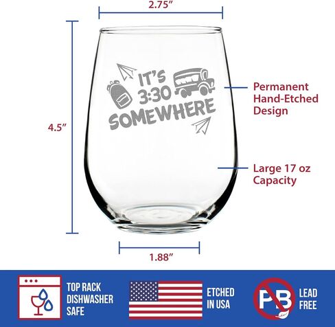 It's 3:30 Somewhere – Stemless Wine Glass - Cute Funny Teacher Gifts for Women - Fun Teacher Decor - Large in Saudi Arabia