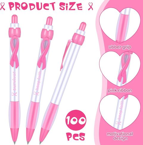 Yeaqee 100 Pcs Pink Breast Cancer Awareness Pen 0.7 mm Black Ink Cancer Awareness Ribbon Pen with Rubber Grip Cancer Awareness Items Gel Ribbon Ballpoint Retractable Pen for Women Charity Events in Saudi Arabia