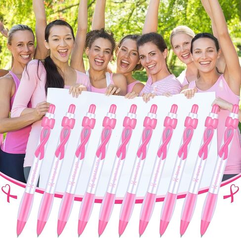 Yeaqee 100 Pcs Pink Breast Cancer Awareness Pen 0.7 mm Black Ink Cancer Awareness Ribbon Pen with Rubber Grip Cancer Awareness Items Gel Ribbon Ballpoint Retractable Pen for Women Charity Events in Saudi Arabia