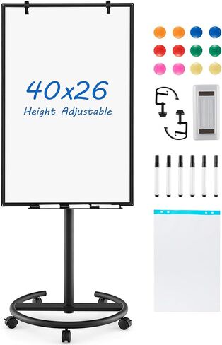 Goplus 40" x 26" Rolling Whiteboard, Height Adjustable Magnetic Dry Erase Board on Wheels with Round Stand, Paper Clips, Storage Tray, Paper Pad, Magnets, Markers, Mobile White Board for Office School in Saudi Arabia