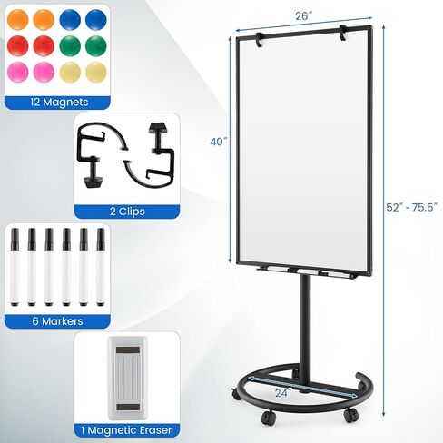 Goplus 40" x 26" Rolling Whiteboard, Height Adjustable Magnetic Dry Erase Board on Wheels with Round Stand, Paper Clips, Storage Tray, Paper Pad, Magnets, Markers, Mobile White Board for Office School in Saudi Arabia