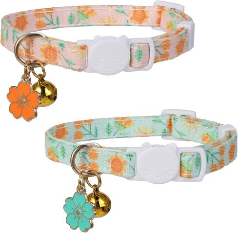 2 Pack Cat Collars, Safety Adjustable Cat Collars, Cotton Breakaway Cat Collar Set, Strawberries and Heart Shaped Pendant Kitten Collar (Light Green + Orange) in Saudi Arabia