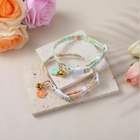 2 Pack Cat Collars, Safety Adjustable Cat Collars, Cotton Breakaway Cat Collar Set, Strawberries and Heart Shaped Pendant Kitten Collar (Light Green + Orange) in Saudi Arabia