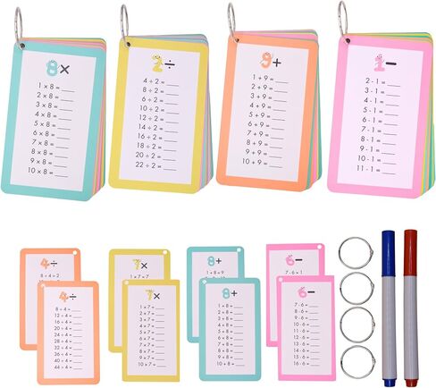 Math Flash Cards for Kids (Grades 1-3) | Addition, Subtraction, Multiplication & Division | 4-Pack Set with Rings & Markers | Educational Fun & Learning Game in Saudi Arabia