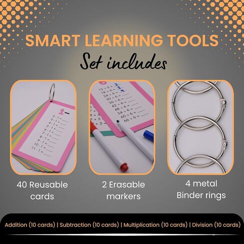 Math Flash Cards for Kids (Grades 1-3) | Addition, Subtraction, Multiplication & Division | 4-Pack Set with Rings & Markers | Educational Fun & Learning Game in Saudi Arabia