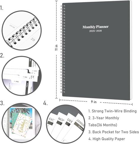 2025-2028 Monthly Planner/Calendar - JUL 2025 - JUN 2028, 3 Year Monthly Planner 2025-2028, 9'' x 11'', 36 Monthly Tabs, 2-Side Pocket, Grey in Saudi Arabia