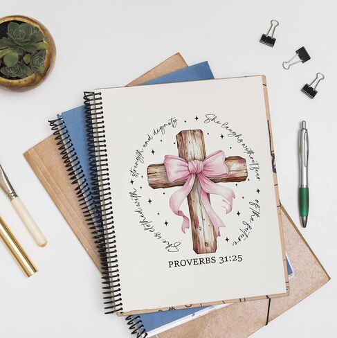 Coquette Pink Bow Bow Christian Cross Noteboor ، الأمثال 31 هدايا امرأة ، مجلة الصلاة الدينية للنساء ، مجلة الكتاب المقدس ، دفاتر الكتاب المقدس لأخذ الملاحظات ، 5.5 × 8.3 بوصة in Kuwait