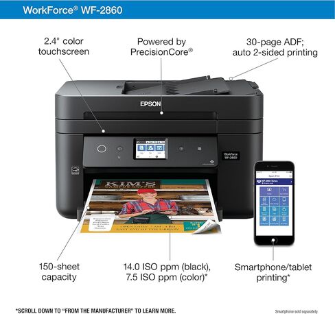 Epson Workforce WF-2860 All-in-One Wireless Color Inkjet Printer, Black - Print Scan Copy Fax - Ethernet NFC Auto 2-Sided Borderless Printing, 14 ppm, 4800 x 1200 dpi, 30-Sheet ADF, Voice Activated in Saudi Arabia