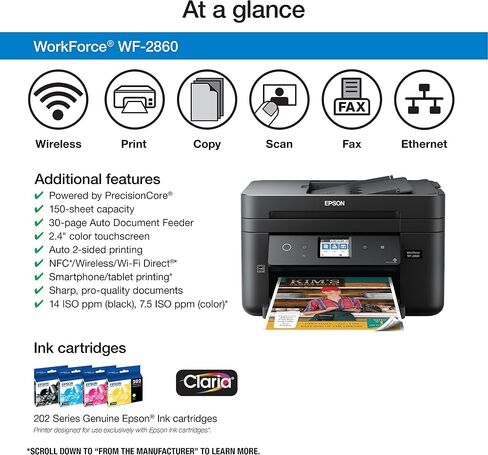 Epson Workforce WF-2860 All-in-One Wireless Color Inkjet Printer, Black - Print Scan Copy Fax - Ethernet NFC Auto 2-Sided Borderless Printing, 14 ppm, 4800 x 1200 dpi, 30-Sheet ADF, Voice Activated in Saudi Arabia