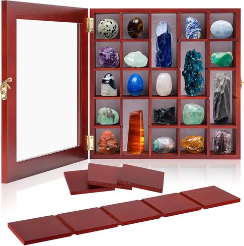 Yalikop Wood Wood Rock Display Case with Lid Rock Collection Box مع أرفف منظم تخزين الجرف للمقتنيات Trinket Gem Agate Opal Stone Mineral Crystal in Saudi Arabia