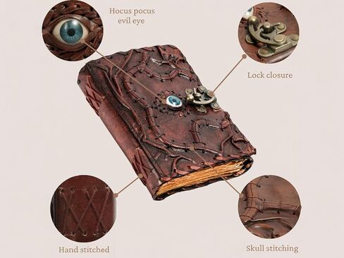 Hocus Pocus Book of Spelss - Leather Spell Book of Shadows with Lock | مجلة الساحرة للكتابة | ديكور الهالوين ، الدعامة المخصصة ، هدايا عصبية ، ديكور المشبك عتيقة ديكور ، هدايا الساحرة للرجال والنساء (7x5 بوصة ، بني) in Kuwait