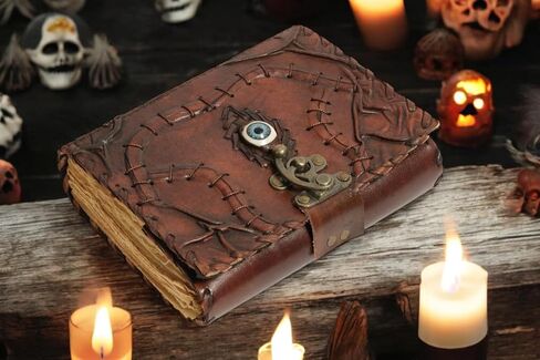 Hocus Pocus Book of Spelss - Leather Spell Book of Shadows with Lock | مجلة الساحرة للكتابة | ديكور الهالوين ، الدعامة المخصصة ، هدايا عصبية ، ديكور المشبك عتيقة ديكور ، هدايا الساحرة للرجال والنساء (7x5 بوصة ، بني) in Kuwait