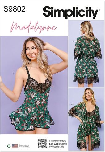 Simplicity Misses' and Women's Robe with Belt and Teddy Lingerie Sewing Pattern Packet by Madalynne Intimates, Design Code S9802, Sizes 1X-5X, Multicolor in Saudi Arabia