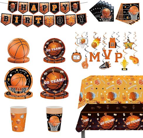 مجموعة زخارف لحفلات كرة السلة وإمدادات أعياد الميلاد - لوحات ، مناديل ، أكواب ، دوامات معلقة ، لافتة ، مائدة لمخلفات كرة السلة ، جميع الأعمار ، تخدم 24 in Kuwait