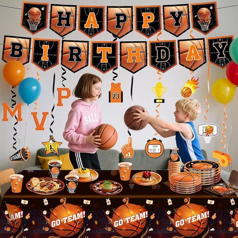 مجموعة زخارف لحفلات كرة السلة وإمدادات أعياد الميلاد - لوحات ، مناديل ، أكواب ، دوامات معلقة ، لافتة ، مائدة لمخلفات كرة السلة ، جميع الأعمار ، تخدم 24 in Kuwait