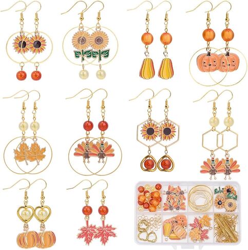 SUNNYCLUE 1 Box 10 Pairs Fall Earring Making Kit Thanksgiving Enamel Charms Maple Leaf Pumpkin Sunflower Turkey Thanksgiving Day Charms Autumn Charms Bulk for Jewelry Making Kits DIY Dangle Earrings in Saudi Arabia