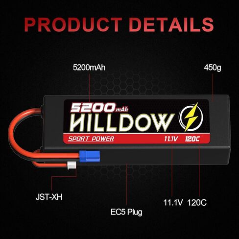 Hilldow 11.1V Lipo RC Battery 3S 120C 5200MAH Lipos بطاريات قابلة لإعادة شحنها مع موصل EC5 لـ RC Car Boat Truck Airplane Models in Kuwait