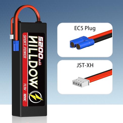 Hilldow 11.1V Lipo RC Battery 3S 120C 5200MAH Lipos بطاريات قابلة لإعادة شحنها مع موصل EC5 لـ RC Car Boat Truck Airplane Models in Kuwait