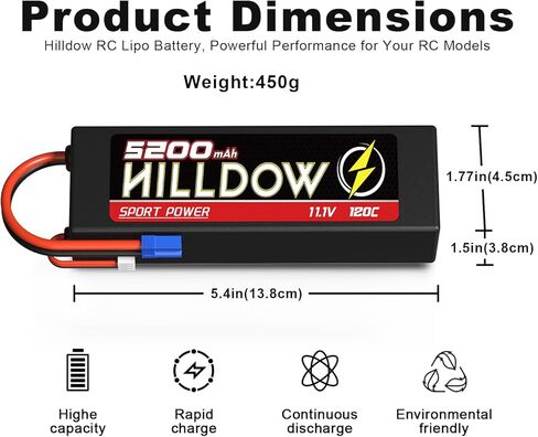 Hilldow 11.1V Lipo RC Battery 3S 120C 5200MAH Lipos بطاريات قابلة لإعادة شحنها مع موصل EC5 لـ RC Car Boat Truck Airplane Models in Kuwait
