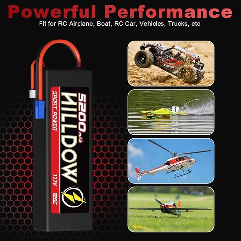Hilldow 11.1V Lipo RC Battery 3S 120C 5200MAH Lipos بطاريات قابلة لإعادة شحنها مع موصل EC5 لـ RC Car Boat Truck Airplane Models in Kuwait