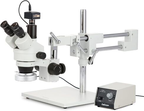 AmScope SM-4TZ-FRL-MB Digital Professional Trinocular Stereo Zoom Microscope, WH10x Eyepieces, 3.5X-90X Magnification, 0.7X-4.5X Zoom Objective, 8W Fluorescent Ring Light, Double-Arm Boom Stand, 110V-120V, Includes 0.5X and 2.0X Barlow Lenses and 1.3MP Ca in Saudi Arabia