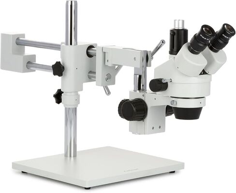 AmScope SM-4TZ-FRL-MB Digital Professional Trinocular Stereo Zoom Microscope, WH10x Eyepieces, 3.5X-90X Magnification, 0.7X-4.5X Zoom Objective, 8W Fluorescent Ring Light, Double-Arm Boom Stand, 110V-120V, Includes 0.5X and 2.0X Barlow Lenses and 1.3MP Ca in Saudi Arabia