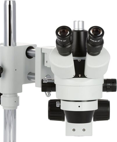 AmScope SM-4TZ-FRL-MB Digital Professional Trinocular Stereo Zoom Microscope, WH10x Eyepieces, 3.5X-90X Magnification, 0.7X-4.5X Zoom Objective, 8W Fluorescent Ring Light, Double-Arm Boom Stand, 110V-120V, Includes 0.5X and 2.0X Barlow Lenses and 1.3MP Ca in Saudi Arabia