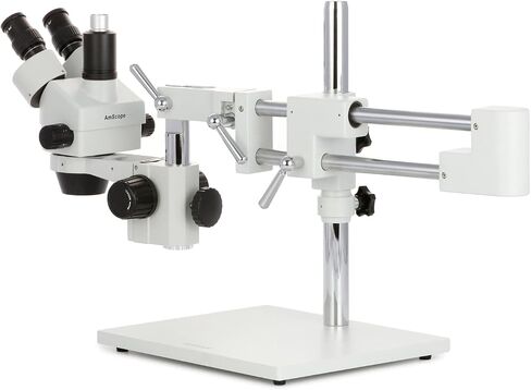AmScope SM-4TZ-FRL-MB Digital Professional Trinocular Stereo Zoom Microscope, WH10x Eyepieces, 3.5X-90X Magnification, 0.7X-4.5X Zoom Objective, 8W Fluorescent Ring Light, Double-Arm Boom Stand, 110V-120V, Includes 0.5X and 2.0X Barlow Lenses and 1.3MP Ca in Saudi Arabia