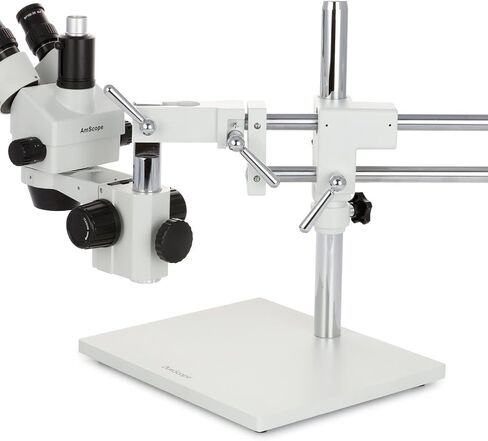AmScope SM-4TZ-FRL-MB Digital Professional Trinocular Stereo Zoom Microscope, WH10x Eyepieces, 3.5X-90X Magnification, 0.7X-4.5X Zoom Objective, 8W Fluorescent Ring Light, Double-Arm Boom Stand, 110V-120V, Includes 0.5X and 2.0X Barlow Lenses and 1.3MP Ca in Saudi Arabia