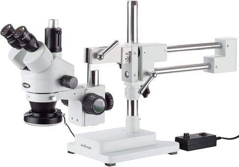 AmScope SM-4TZ-FRL-MB Digital Professional Trinocular Stereo Zoom Microscope, WH10x Eyepieces, 3.5X-90X Magnification, 0.7X-4.5X Zoom Objective, 8W Fluorescent Ring Light, Double-Arm Boom Stand, 110V-120V, Includes 0.5X and 2.0X Barlow Lenses and 1.3MP Ca in Saudi Arabia