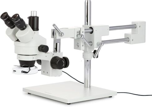 AmScope SM-4TZ-FRL-MB Digital Professional Trinocular Stereo Zoom Microscope, WH10x Eyepieces, 3.5X-90X Magnification, 0.7X-4.5X Zoom Objective, 8W Fluorescent Ring Light, Double-Arm Boom Stand, 110V-120V, Includes 0.5X and 2.0X Barlow Lenses and 1.3MP Ca in Saudi Arabia