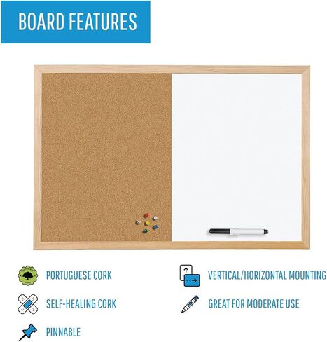 Mastervision Cork & Dry Erase Combo Board, 24" x 36", Dry Erase White Board/Cork Bulletin Board Combo, Pine Wood Frame in Saudi Arabia