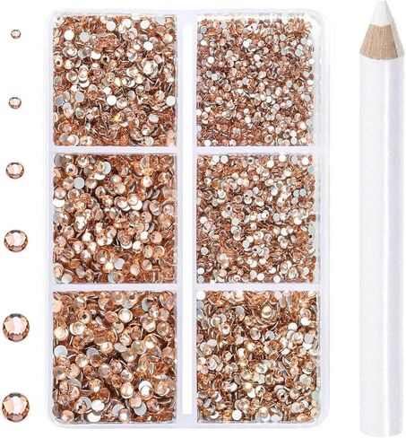 7200 Pieces 6 Mixed Sizes Glue Fix on Glass Rhinestones Round Crystal Gems Flatback for DIY Jewelry Making with one Picking Pen (6-Sizes 7200PCS, Lt. Peach) in Kuwait