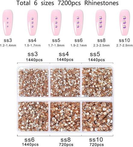 7200 Pieces 6 Mixed Sizes Glue Fix on Glass Rhinestones Round Crystal Gems Flatback for DIY Jewelry Making with one Picking Pen (6-Sizes 7200PCS, Lt. Peach) in Kuwait