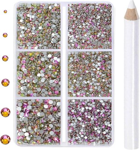 7200 Pieces 6 Mixed Sizes Glue Fix on Glass Rhinestones Round Crystal Gems Flatback for DIY Jewelry Making with one Picking Pen (6-Sizes 7200PCS, Lt. Peach) in Kuwait