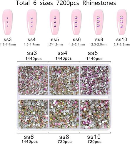 7200 Pieces 6 Mixed Sizes Glue Fix on Glass Rhinestones Round Crystal Gems Flatback for DIY Jewelry Making with one Picking Pen (6-Sizes 7200PCS, Lt. Peach) in Kuwait