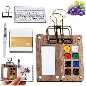 طقم Tobios Watercolor ، Tobio Mini Watercolor مع كتاب مصور ، فنان جيب الماء المائي مجموعة مع الألوان ، صندوق الطلاء الخشبي للطلاب الرسامين (15 شبكة) in Saudi Arabia