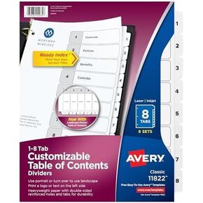 Avery 8 Tab Dividers for 3 Ring Binders, Customizable Table of Contents, Classic White Tabs, 6 Sets (11822) in Kuwait