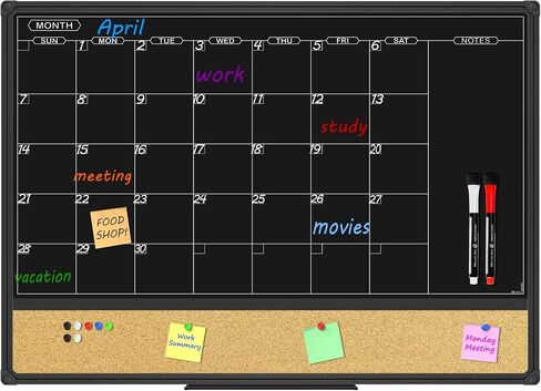Jiloffice Magnetic Black Calendar Board Dry Erase Board & Bulletin Board Combo ، لوحة محو جافة على مدار 24 × 18 بوصة لعلامات الطباشير السائلة ، وإطار الألمنيوم الأسود للمنزل والمدرسة مع 10 دبابيس الدفع in Kuwait