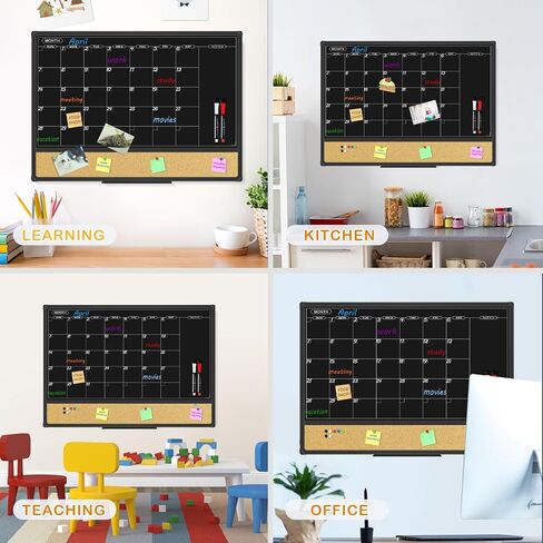 Jiloffice Magnetic Black Calendar Board Dry Erase Board & Bulletin Board Combo ، لوحة محو جافة على مدار 24 × 18 بوصة لعلامات الطباشير السائلة ، وإطار الألمنيوم الأسود للمنزل والمدرسة مع 10 دبابيس الدفع in Kuwait