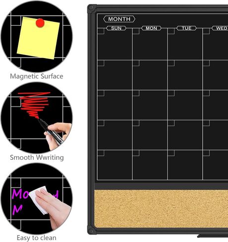Jiloffice Magnetic Black Calendar Board Dry Erase Board & Bulletin Board Combo ، لوحة محو جافة على مدار 24 × 18 بوصة لعلامات الطباشير السائلة ، وإطار الألمنيوم الأسود للمنزل والمدرسة مع 10 دبابيس الدفع in Kuwait