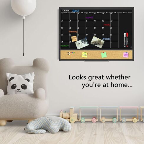 Jiloffice Magnetic Black Calendar Board Dry Erase Board & Bulletin Board Combo ، لوحة محو جافة على مدار 24 × 18 بوصة لعلامات الطباشير السائلة ، وإطار الألمنيوم الأسود للمنزل والمدرسة مع 10 دبابيس الدفع in Kuwait